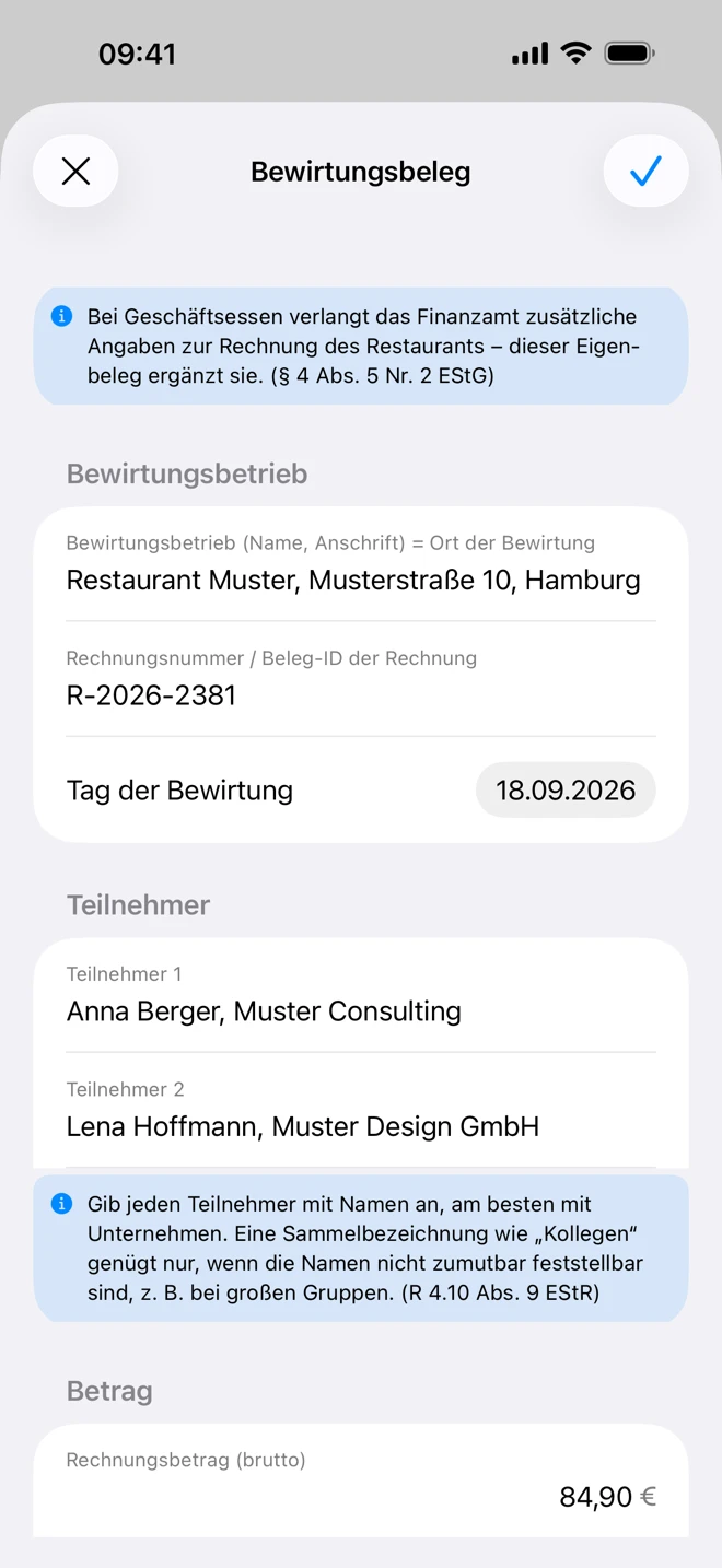 Formular „Bewirtungsbeleg“ in Eigenbeleg Express: Restaurant Muster, Rechnungsnummer, Tag der Bewirtung, zwei Teilnehmer mit Name und Unternehmen, Rechnungsbetrag 84,90 € (Beispieldaten)