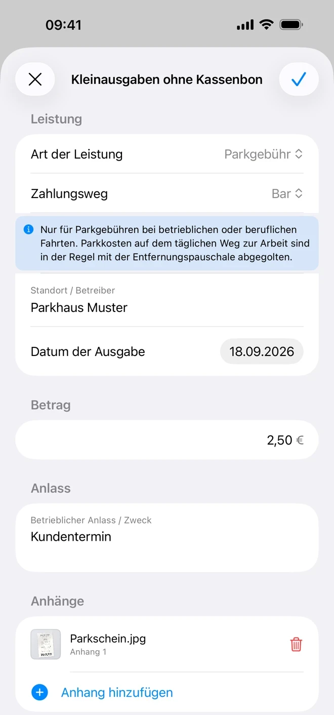 Formular „Kleinausgaben ohne Kassenbon“ in Eigenbeleg Express: Parkgebühr, bar bezahlt, Parkhaus Muster, 2,50 €, Anlass Kundentermin, Parkschein als Anhang (Beispieldaten)