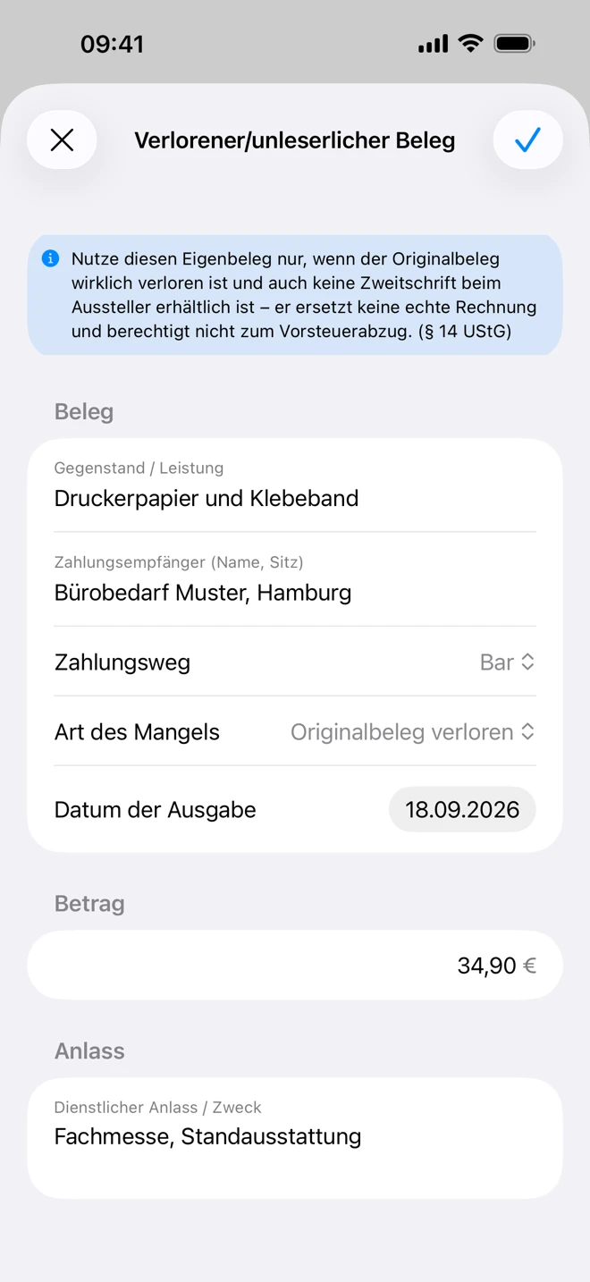Formular „Verlorener/unleserlicher Beleg“ in Eigenbeleg Express: Druckerpapier und Klebeband, Bürobedarf Muster, bar bezahlt, Originalbeleg verloren, 34,90 €, Anlass Fachmesse (Beispieldaten)