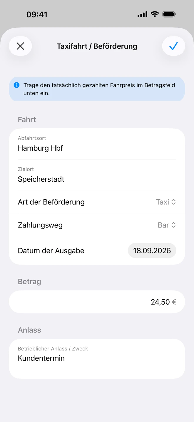 Formular „Taxifahrt / Beförderung“ in Eigenbeleg Express: Fahrt von Hamburg Hbf zur Speicherstadt, Taxi, bar bezahlt, 24,50 €, Anlass Kundentermin (Beispieldaten)