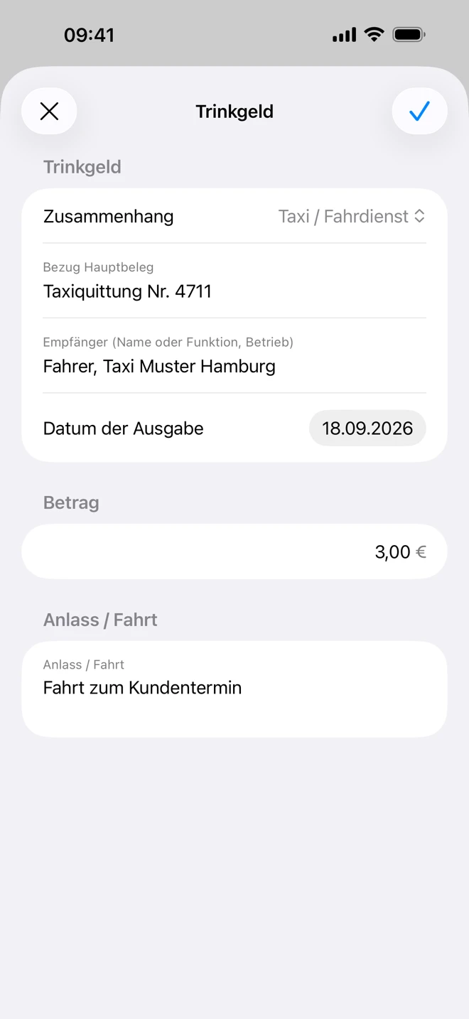 Formular „Trinkgeld“ in Eigenbeleg Express: Zusammenhang Taxi / Fahrdienst, Bezug Taxiquittung, Empfänger Fahrer, 3,00 €, Anlass Fahrt zum Kundentermin (Beispieldaten)