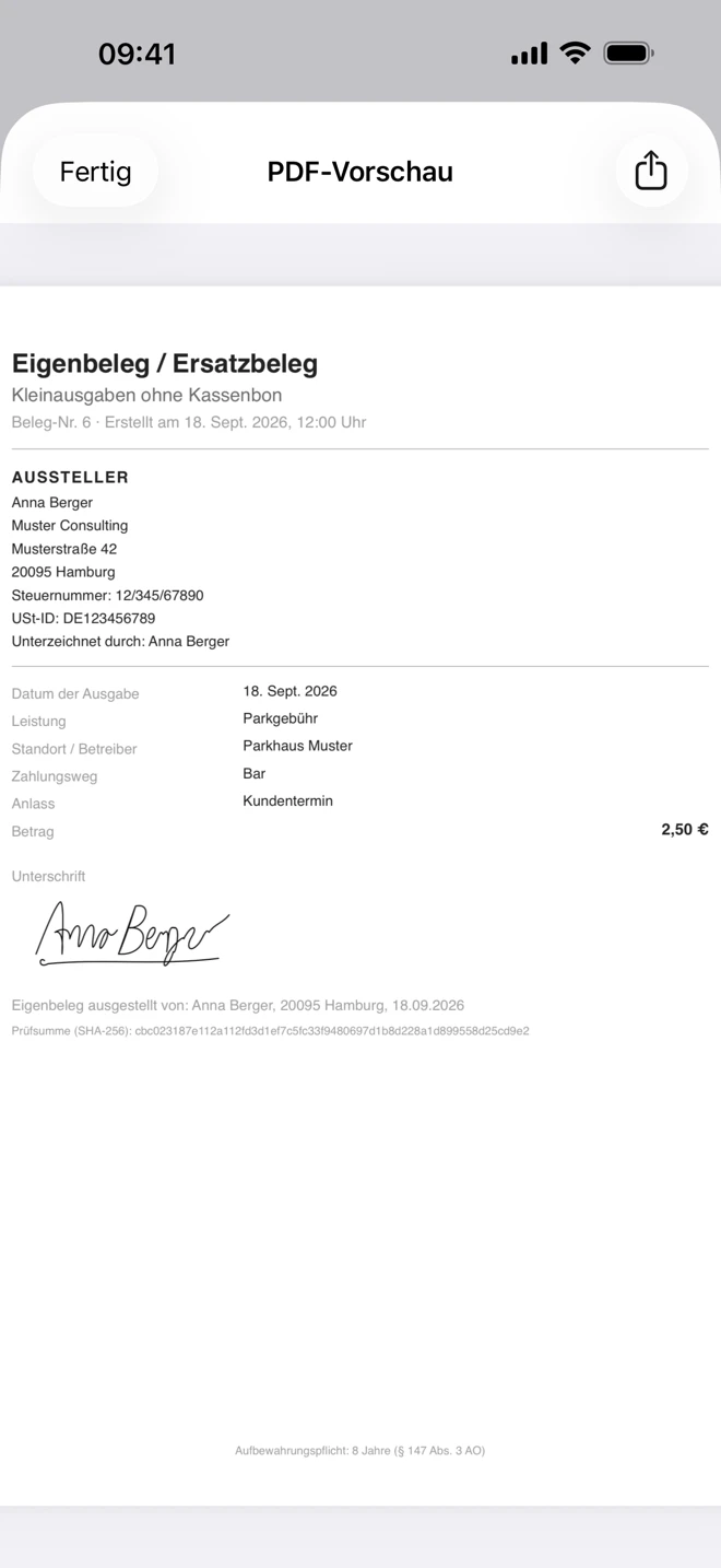 PDF-Vorschau in Eigenbeleg Express: fertiger Eigenbeleg „Kleinausgaben ohne Kassenbon“ für eine Parkgebühr, Parkhaus Muster, bar bezahlt, 2,50 €, Anlass Kundentermin, mit Unterschrift (Beispieldaten)