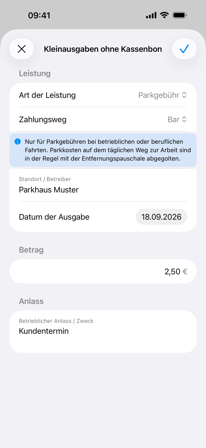 Formular „Kleinausgaben ohne Kassenbon“ in Eigenbeleg Express: Parkgebühr, bar bezahlt, Parkhaus Muster, 2,50 €, Anlass Kundentermin (Beispieldaten)